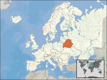 Location of Belarus on the map of Europe.